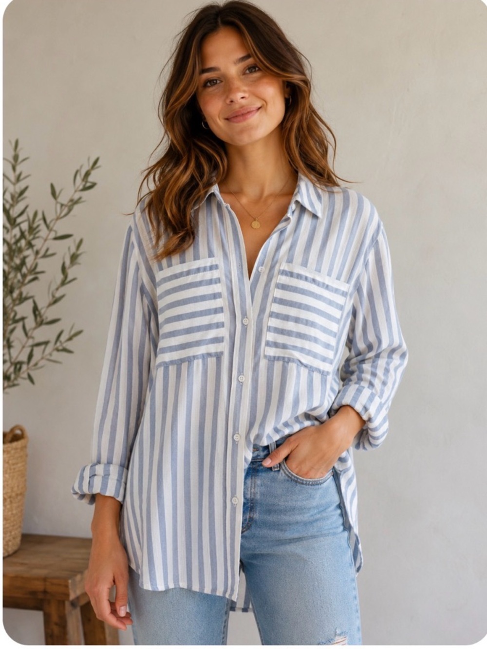 Cato Light Blue & White Striped Button-Up Shirt In size Large